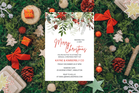 Christmas Party Invitation Templates: 35 Festive Picks 30 Festive Christmas party invitation with red and green decorations on a mossy background.