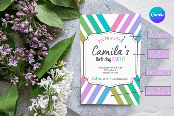 40 Editable Birthday Party Invite Template Ideas for Every 37 Colorful editable birthday party invitation template with stripes and floral background. โ birthday party invite template