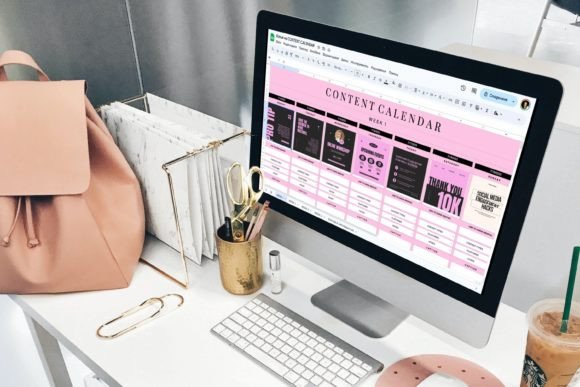 15 Top Google Sheets Bundle for Graphic Designers' Assets 9 Google Sheets content calendar displayed on a computer screen with a stylish — Google Sheets bundles for graphic designers