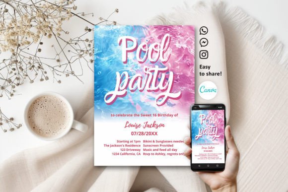 Beach Party Invite Template: 25 Best Sunny Designs 11 Colorful pool party invitation featuring vibrant pink and blue water design with text details.