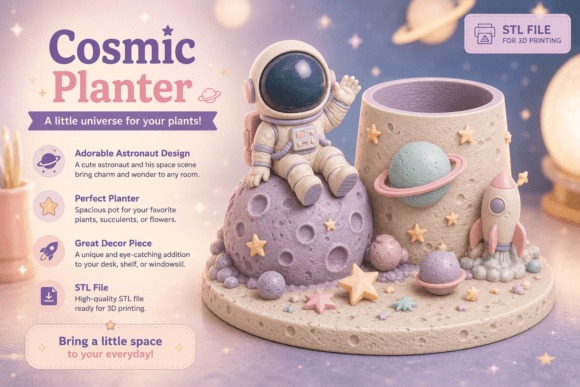Cosmic Planter for 3D Printing — DIY 3D printed gifts Cosmic planter design featuring an astronaut and celestial elements for 3D printing. — DIY 3D printed gifts