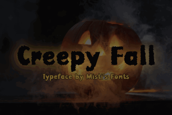 39 Quirky Halloween Fonts for Playful Spooky Designs 35 Creepy Fall font displayed with a carved pumpkin in a smoky background.