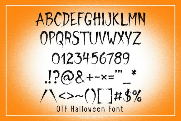 Spooky Font Alphabet: 33 Best Halloween Styles for 2026 43 Stylized Halloween font displaying uppercase letters, numbers, and symbols on an orange background.
