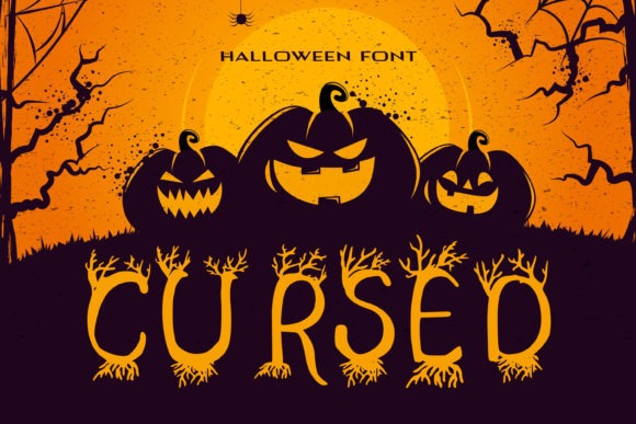 34 Halloween Lettering Fonts: Creepy Hand-Drawn Style 23 Halloween lettering fonts featuring the Cursed font with pumpkins and trees.