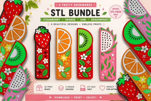 Colorful Fruit Bookmarks — DIY 3D printed gifts DIY 3D printed gifts featuring colorful fruit-themed bookmarks.