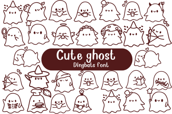 Spooky Font Alphabet: 33 Best Halloween Styles for 2026 19 Dingbat font featuring cute ghost illustrations in various playful poses.