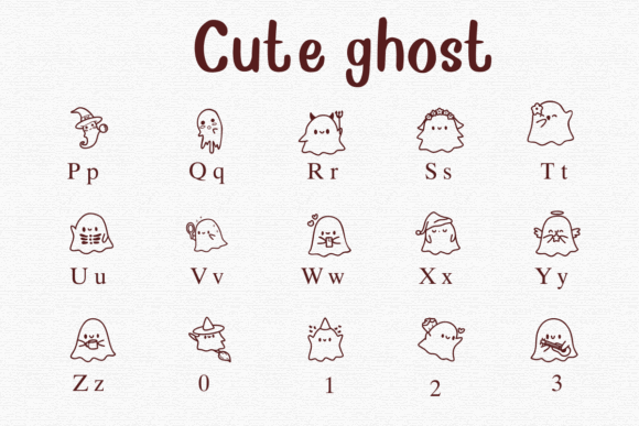 Spooky Font Alphabet: 33 Best Halloween Styles for 2026 21 Dingbat alphabet featuring cute ghost illustrations for letters and numbers.