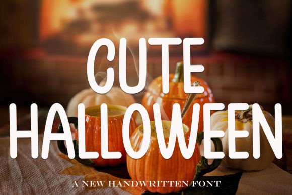 Halloween Bubble Fonts: 36 Playful Picks for Spooky Crafts 22 Handwritten font saying 'Cute Halloween' over pumpkins and a warm background.