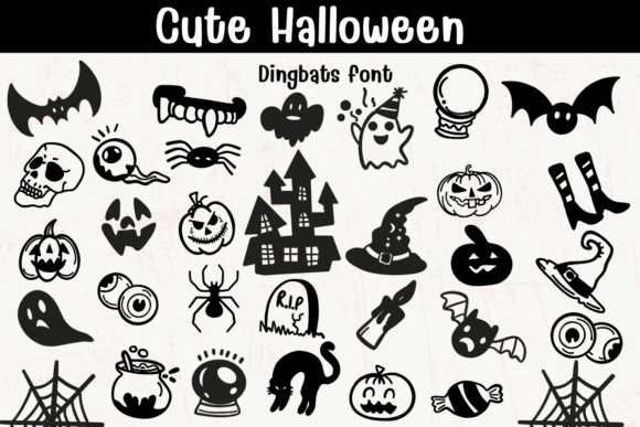 Halloween Bubble Fonts: 36 Playful Picks for Spooky Crafts 49 A collection of cute Halloween dingbats including bats, ghosts, pumpkins, and a haunted house.