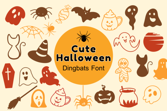Halloween Bubble Fonts: 36 Playful Picks for Spooky Crafts 51 Cute Halloween dingbats font featuring playful spooky icons like ghosts, candy, and a witch hat.