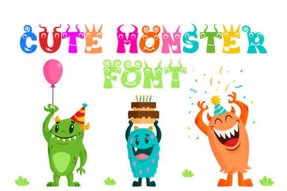 Halloween Bubble Fonts: 36 Playful Picks for Spooky Crafts 13 Colorful Cute Monster Font with cartoon monsters celebrating a birthday.