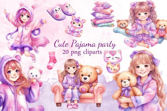 Pajama Party Invite Template: 25 Cozy Designs You’ll Love 24 Colorful pajama party clipart featuring girls in pajamas, teddy bears, and cozy items.