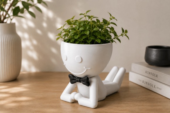Cute Planter Dude — 3D printed planters 3D printed planter shaped like a cute character with a bow tie and small plant — 3D printed planters