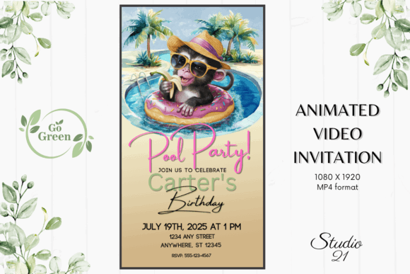 Beach Party Invite Template: 25 Best Sunny Designs 12 Colorful animated pool party invitation featuring a monkey in sunglasses on a float.