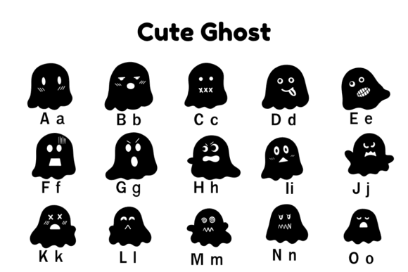 Spooky Font Alphabet: 33 Best Halloween Styles for 2026 30 Alphabet letters A to O styled as cute ghosts with various facial expressions.