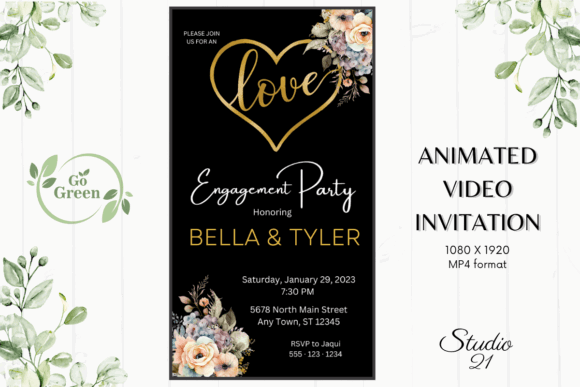 Engagement Party Invite Template: 26 Elegant Picks 27 Animated engagement party invitation featuring floral design and gold heart on black background.