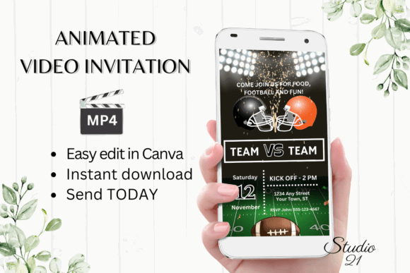 Football Party Invitation Templates: 12 Winning Game-Day Picks 8 Animated football game invitation on a smartphone with editable details.