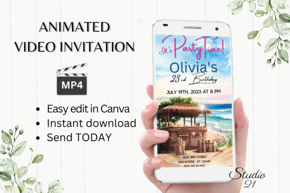 Beach Party Invite Template: 25 Best Sunny Designs 5 Animated beach party invitation displayed on a smartphone with tropical imagery.