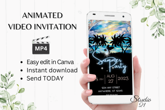 29 Bright Summer Party Invite Templates for Sunny Celebrations 3 Animated summer party invitation displayed on a smartphone with tropical palm trees and sunset.