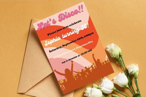 25 Disco Party Invitation Templates for a Sparkling Night 2 Colorful disco birthday invitation with silhouettes of dancing people and floral accents.