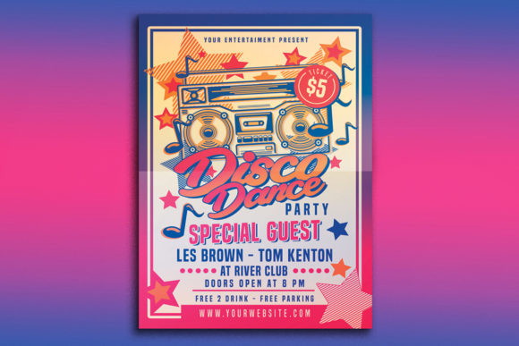 25 Disco Party Invitation Templates for a Sparkling Night 14 Colorful disco dance party invitation featuring a boombox and star graphics.