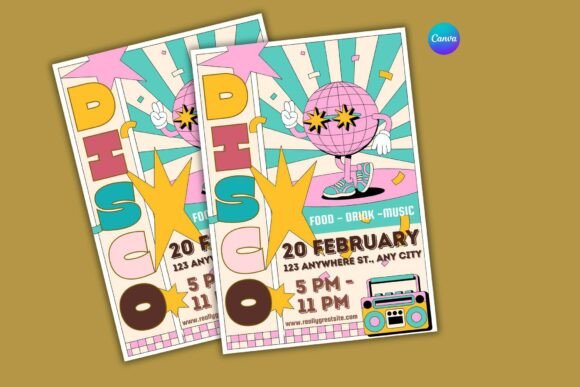 25 Disco Party Invitation Templates for a Sparkling Night 8 Colorful disco party invitation featuring a disco ball character and vibrant retro design elements.