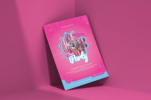 25 Disco Party Invitation Templates for a Sparkling Night 4 Colorful disco party invitation featuring a disco ball and vibrant pink background.