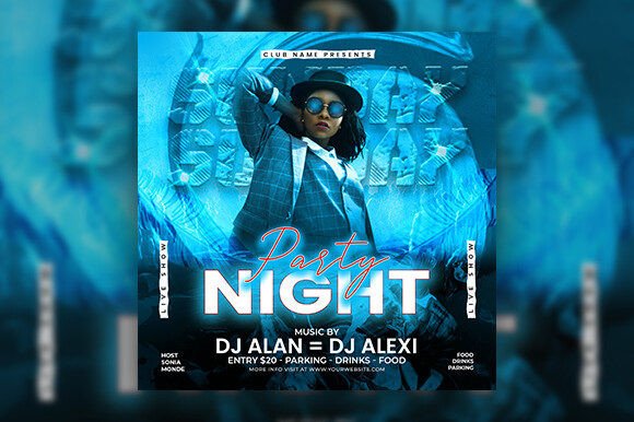 25 Disco Party Invitation Templates for a Sparkling Night 19 Colorful disco party flyer featuring DJ names and event details.