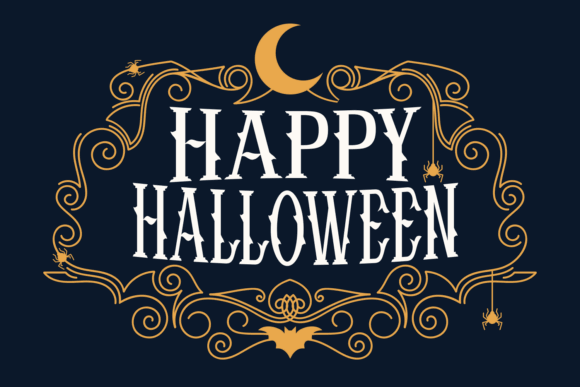 49 Thick Halloween Fonts for Bold Posters and T-Shirts 19 Stylized text saying 'Happy Halloween' with decorative elements like a moon and spiders.