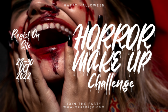 35 Creepy Alphabet Fonts for Bold Halloween Projects 34 A person with horror makeup, featuring blood and a spooky expression, promoting a Halloween event.