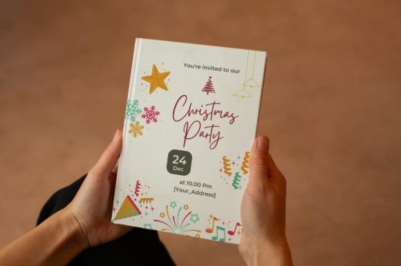 Christmas Party Invitation Templates: 35 Festive Picks 13 Festive Christmas party invitation held by hands with colorful decorations and event details.