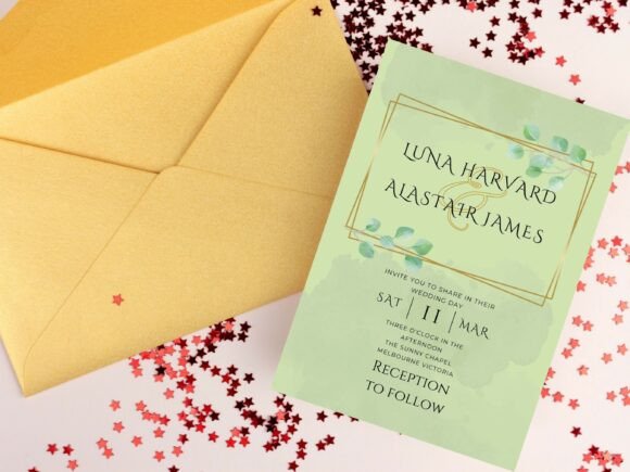 Engagement Party Invite Template: 26 Elegant Picks 38 Elegant green engagement party invitation with gold accents and a yellow envelope.