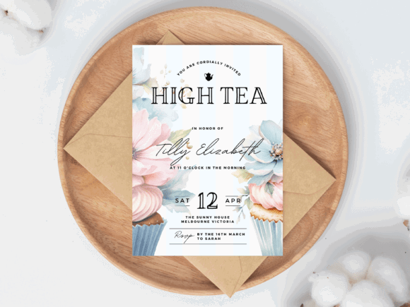30 Charming Tea Party Invitation Templates for Elegant Celebrations 3 Elegant high tea invitation with floral design and cupcake illustrations.