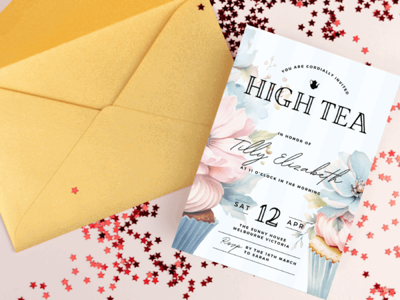 30 Charming Tea Party Invitation Templates for Elegant Celebrations 4 Elegant high tea invitation with floral design and cupcake illustration, accompanied by a gold envelope.