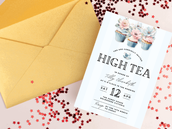 30 Charming Tea Party Invitation Templates for Elegant Celebrations 7 Elegant high tea invitation with floral cupcakes and gold envelope on a confetti background.