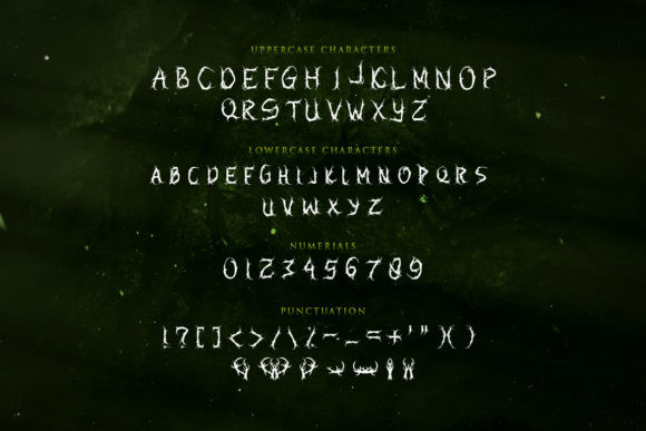 Unusual Halloween Fonts: 35 Creative Picks for Standout Designs 6 Stylized Halloween font characters in uppercase, lowercase, numbers, and punctuation on a dark background.