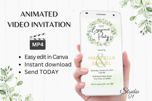 Engagement Party Invite Template: 26 Elegant Picks 31 Animated engagement party invitation on a smartphone with floral design.