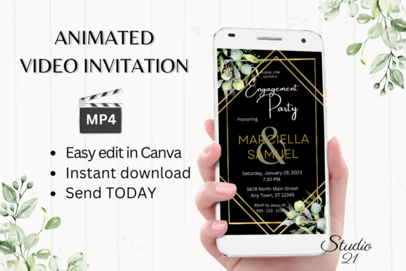 Engagement Party Invite Template: 26 Elegant Picks 34 Animated engagement party invitation displayed on a smartphone with floral accents.