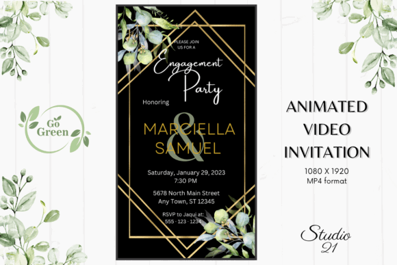 Engagement Party Invite Template: 26 Elegant Picks 33 Elegant animated engagement party invitation with floral accents and gold geometric design.