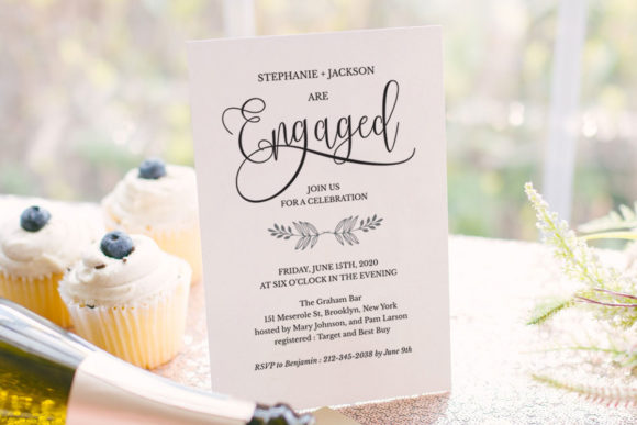 Engagement Party Invite Template: 26 Elegant Picks 7 Elegant engagement party invitation with calligraphy and event details, surrounded by cupcakes and champagne.