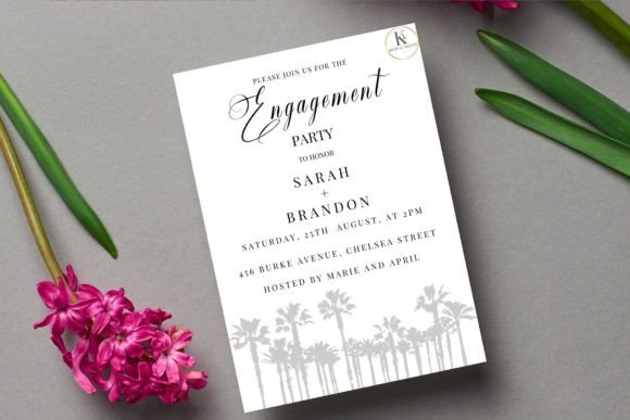 Engagement Party Invite Template: 26 Elegant Picks 9 Elegant engagement party invitation with floral accents and palm tree silhouette.