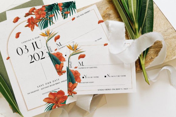 Garden Party Invite Template: 28 Beautiful Floral Designs 33 Tropical garden party invitation with floral design and RSVP card on a wooden surface.