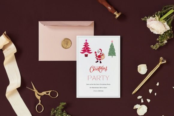Christmas Party Invitation Templates: 35 Festive Picks 16 Festive Christmas party invitation with Santa, trees, and pink envelope on a dark background.
