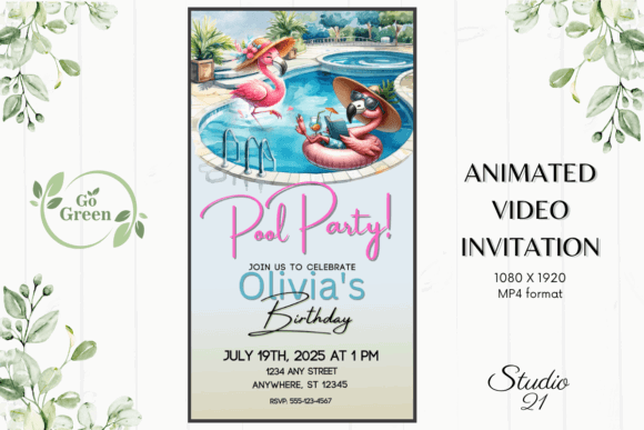 Beach Party Invite Template: 25 Best Sunny Designs 13 Colorful animated pool party invitation featuring flamingos and a swimming pool.
