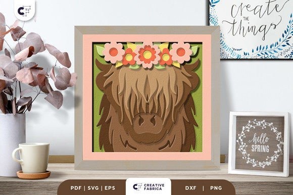 30 Best Layered Highland Cow Laser Cut Files for Decor 11 Floral Highland Cow Head 3D Shadow Box design with flower crown โ Layered Highland Cow Laser Cut Files