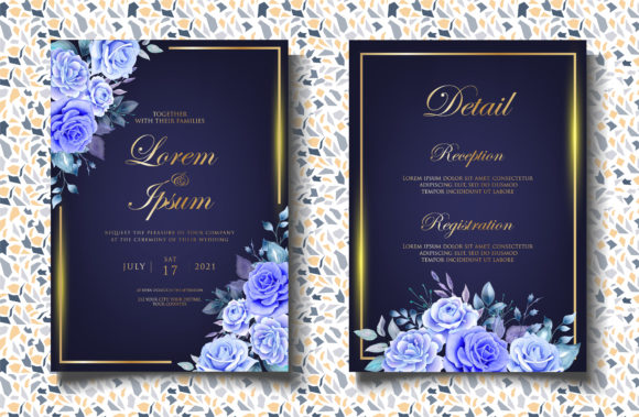 Garden Party Invite Template: 28 Beautiful Floral Designs 23 Elegant floral invitation card with blue roses and gold accents on a dark background.