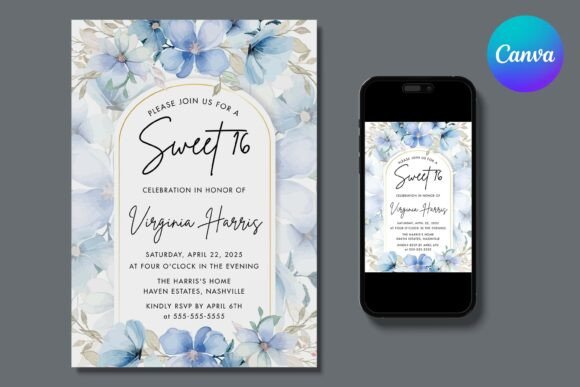 Garden Party Invite Template: 28 Beautiful Floral Designs 17 Floral Sweet Sixteen birthday invitation template featuring blue flowers and elegant typography.