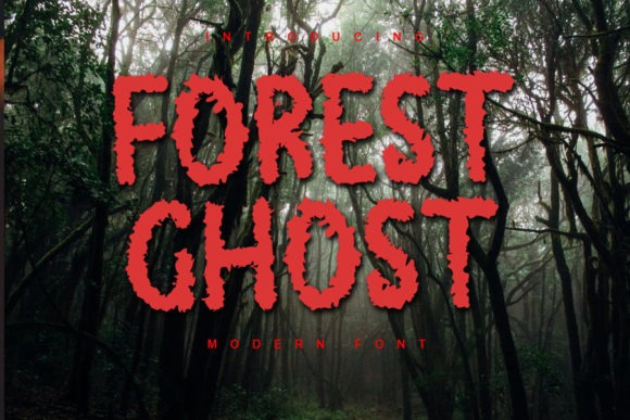 24 Halloween ABC Fonts for Spooky Alphabet Designs 61 Forest Ghost font displayed in a spooky forest setting โ Halloween ABC fonts