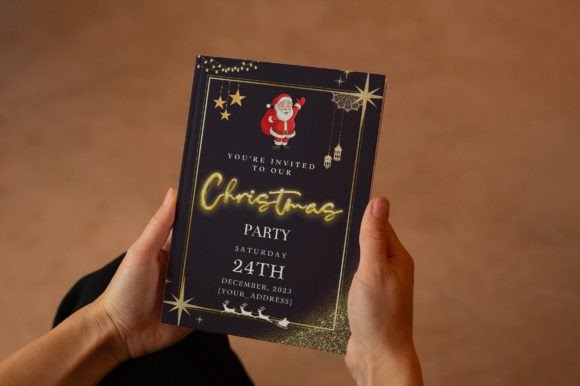 Christmas Party Invitation Templates: 35 Festive Picks 14 A festive Christmas party invitation featuring Santa, stars, and gold lettering on a dark background.