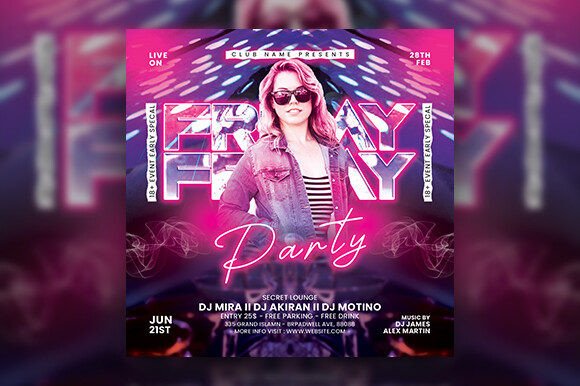 25 Disco Party Invitation Templates for a Sparkling Night 21 Colorful disco party flyer featuring a DJ and vibrant lights.